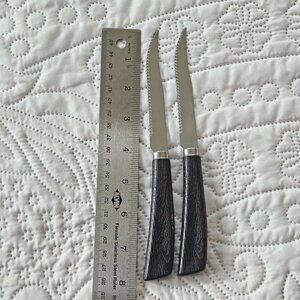 Vintage Quikut Stainless Steel Serrated Steak Knives Wood-Look Handles Set Of 2